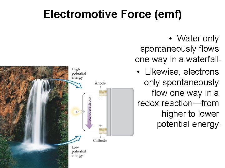Electromotive Force (emf) • Water only spontaneously flows one way in a waterfall. •