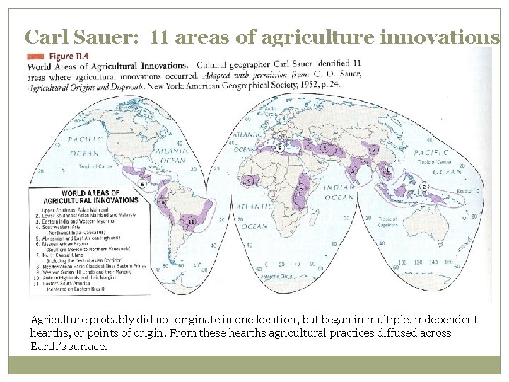 Carl Sauer: 11 areas of agriculture innovations Agriculture probably did not originate in one