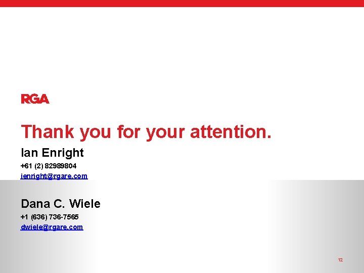 Thank you for your attention. Ian Enright +61 (2) 82989804 ienright@rgare. com Dana C.