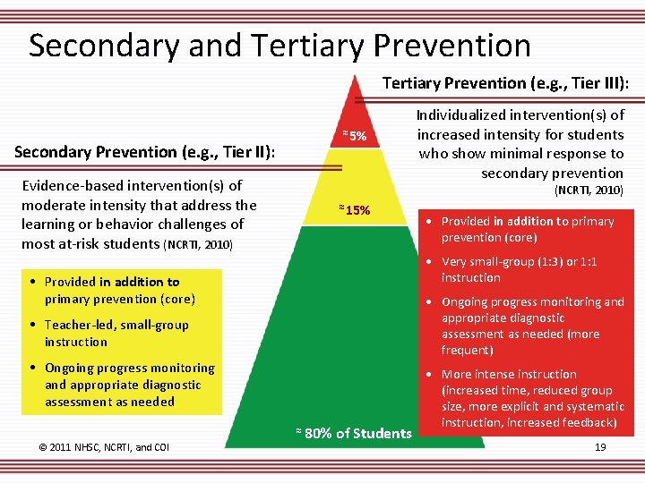 Secondary and Tertiary Prevention (e. g. , Tier III): ≈ 5% Secondary Prevention (e.