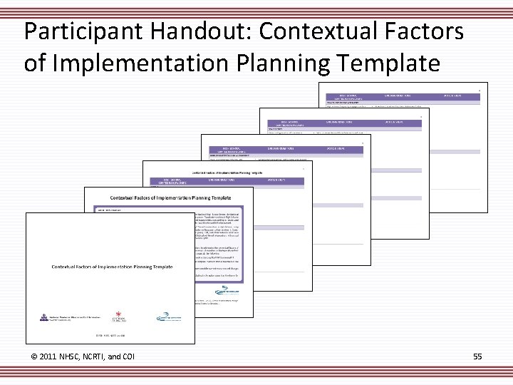 Participant Handout: Contextual Factors of Implementation Planning Template © 2011 NHSC, NCRTI, and COI