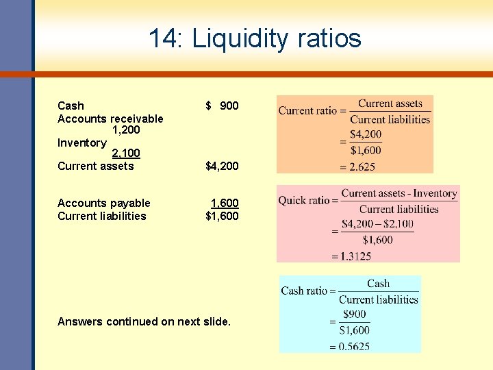 14: Liquidity ratios Cash Accounts receivable 1, 200 Inventory 2, 100 Current assets $