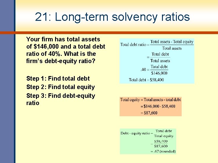 21: Long-term solvency ratios Your firm has total assets of $146, 000 and a