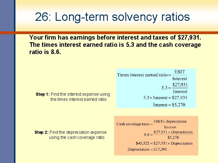 26: Long-term solvency ratios Your firm has earnings before interest and taxes of $27,