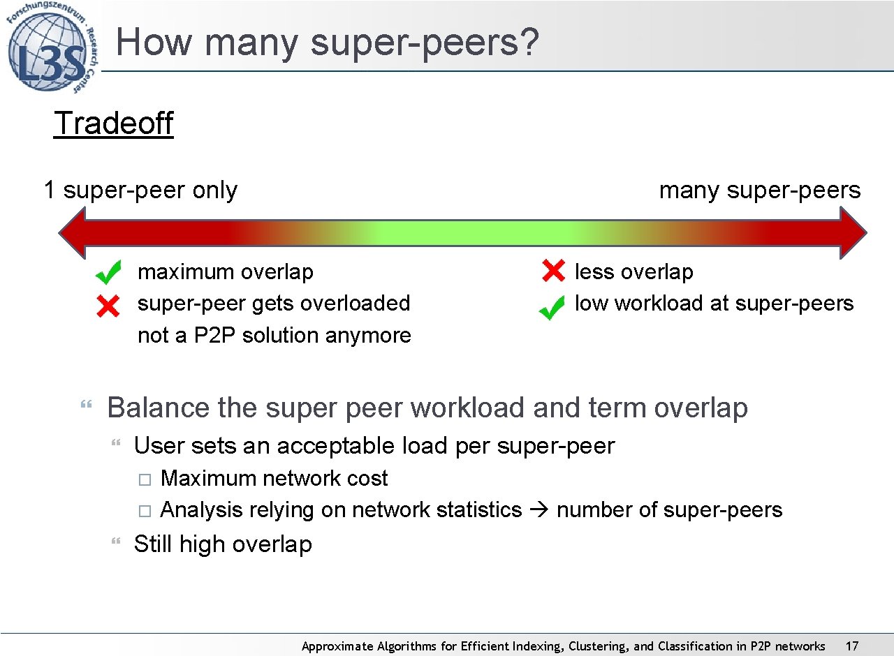 How many super-peers? Tradeoff 1 super-peer only many super-peers maximum overlap super-peer gets overloaded How many super-peers? Tradeoff 1 super-peer only many super-peers maximum overlap super-peer gets overloaded