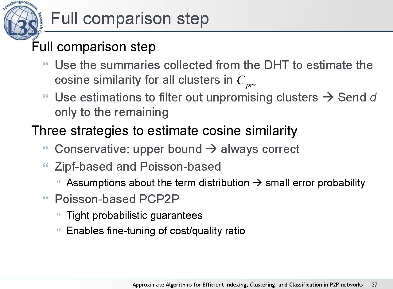 Full comparison step Use the summaries collected from the DHT to estimate the cosine Full comparison step Use the summaries collected from the DHT to estimate the cosine