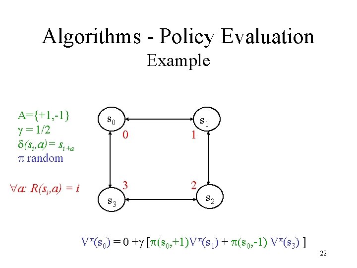 Algorithms - Policy Evaluation Example A={+1, -1} g = 1/2 d(si, a)= si+a p