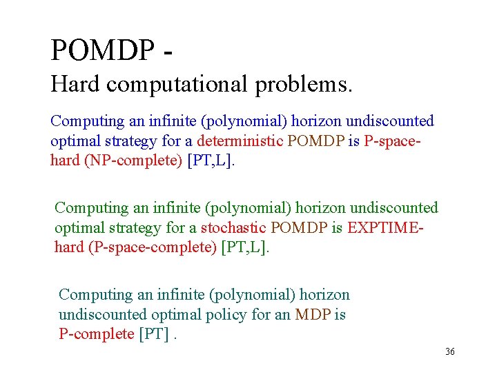 POMDP Hard computational problems. Computing an infinite (polynomial) horizon undiscounted optimal strategy for a