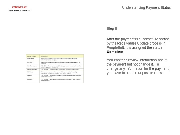 Understanding Payment Status Step 8 After the payment is successfully posted by the Receivables