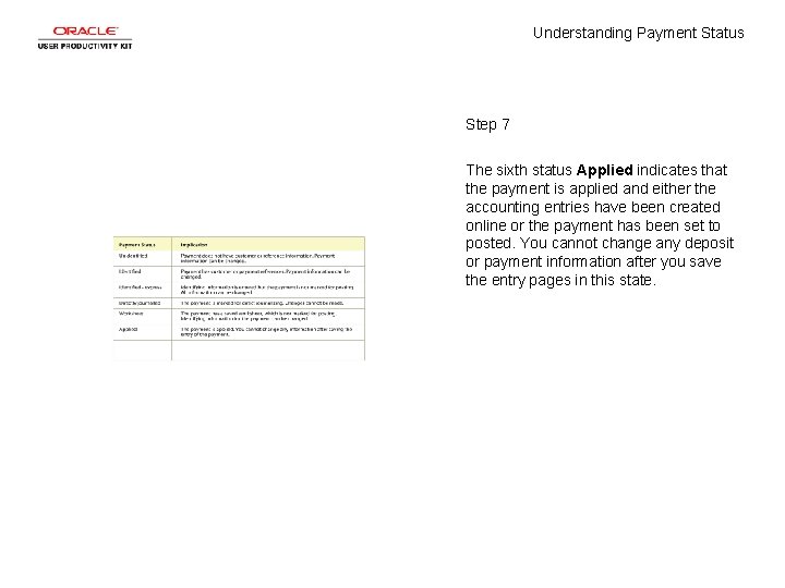 Understanding Payment Status Step 7 The sixth status Applied indicates that the payment is