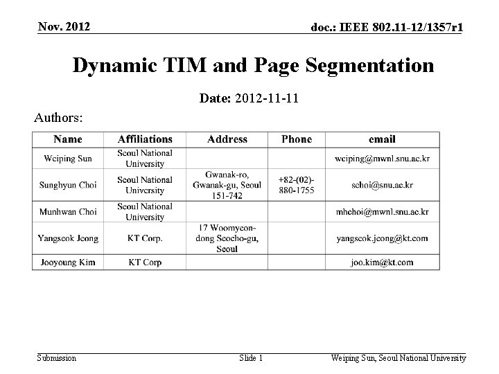Nov. 2012 doc. : IEEE 802. 11 -12/1357 r 1 Dynamic TIM and Page
