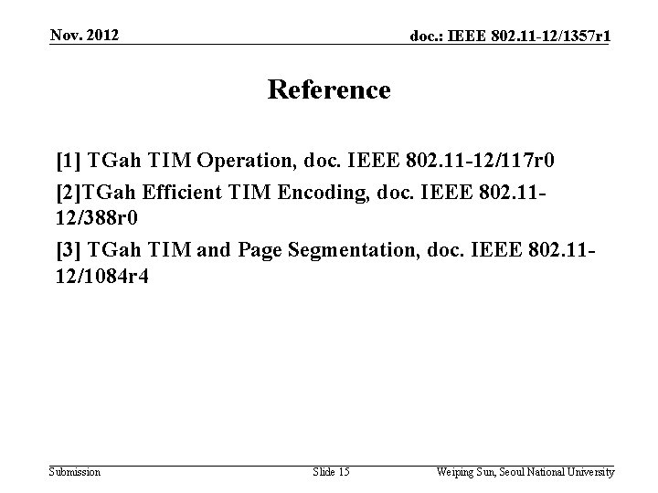 Nov. 2012 doc. : IEEE 802. 11 -12/1357 r 1 Reference [1] TGah TIM