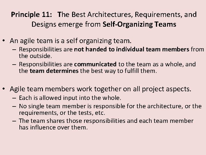 Principle 11: The Best Architectures, Requirements, and Designs emerge from Self-Organizing Teams • An