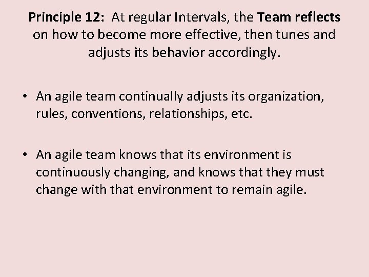 Principle 12: At regular Intervals, the Team reflects on how to become more effective,
