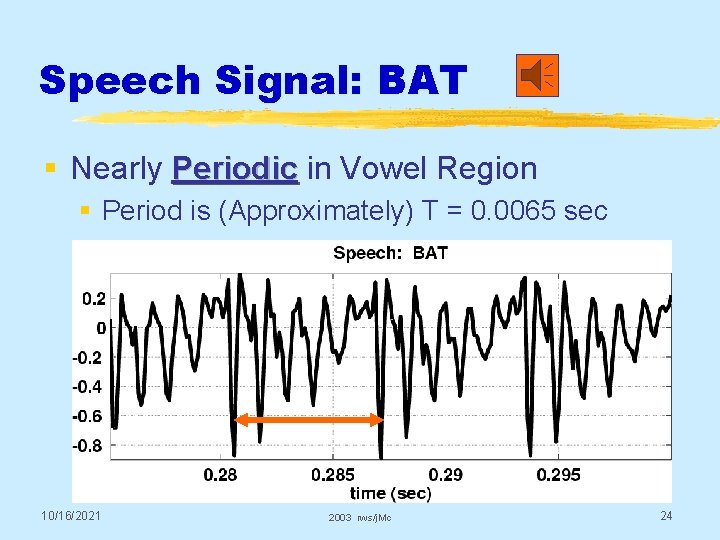 Speech Signal: BAT § Nearly Periodic in Vowel Region § Period is (Approximately) T