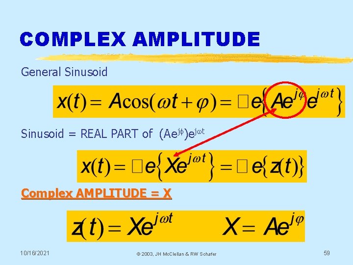 COMPLEX AMPLITUDE General Sinusoid = REAL PART of (Aejf)ejwt Complex AMPLITUDE = X 10/16/2021