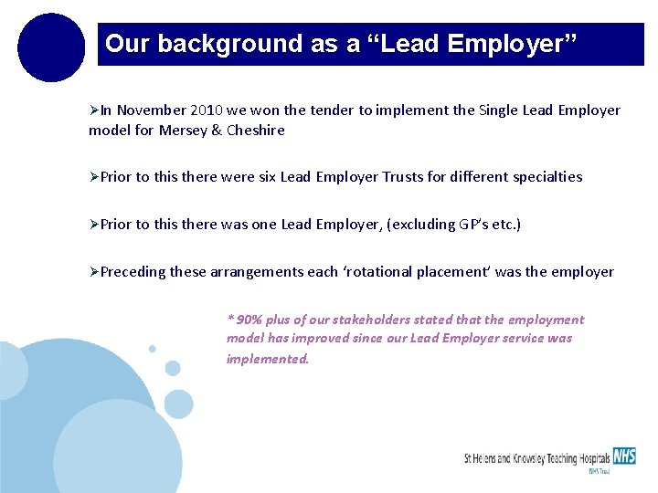 Our background as a “Lead Employer” : : : November 2010 we won the