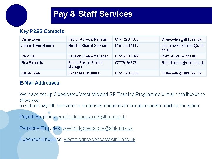 Pay & Staff Services Key P&SS Contacts: Diane Eden Payroll Account Manager 0151 290