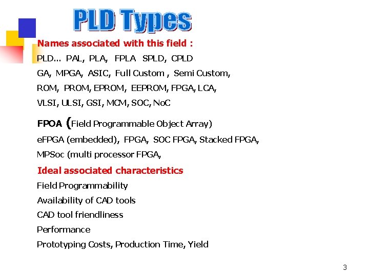 Names associated with this field : PLD… PAL, PLA, FPLA SPLD, CPLD GA, MPGA,