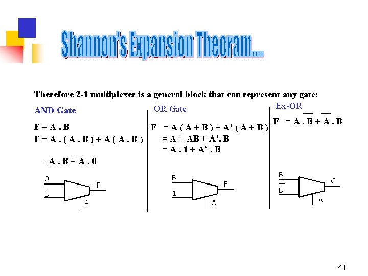 Therefore 2 -1 multiplexer is a general block that can represent any gate: Ex-OR