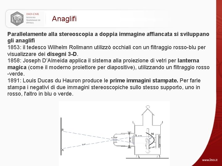 Anaglifi Parallelamente alla stereoscopia a doppia immagine affiancata si sviluppano gli anaglifi 1853: il