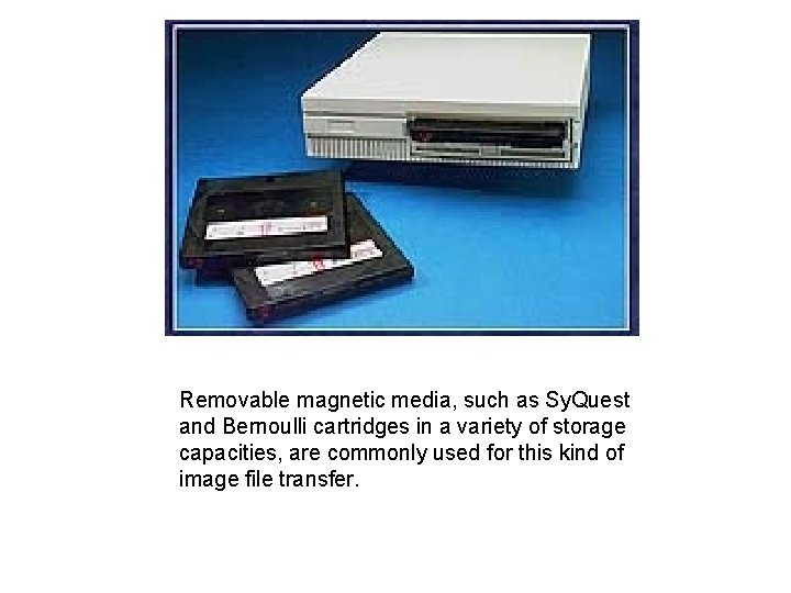 Removable magnetic media, such as Sy. Quest and Bernoulli cartridges in a variety of