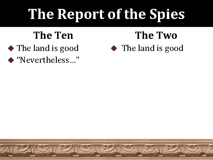 The Report of the Spies The Ten u The land is good u “Nevertheless…”