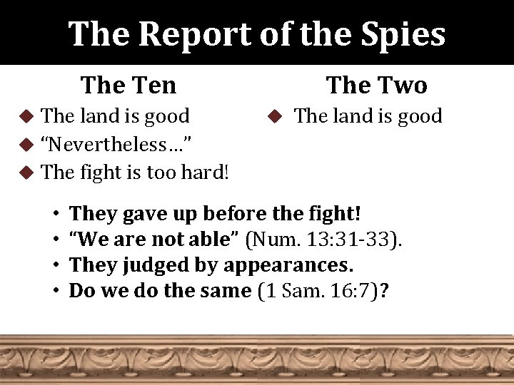 The Report of the Spies The Ten u The land is good The Two