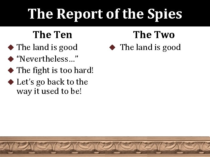 The Report of the Spies The Ten u The land is good u “Nevertheless…”