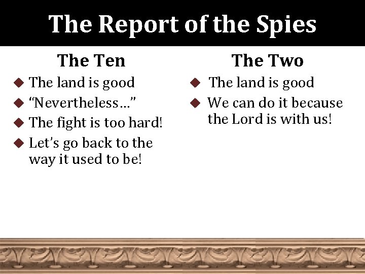 The Report of the Spies The Ten u The land is good u “Nevertheless…”