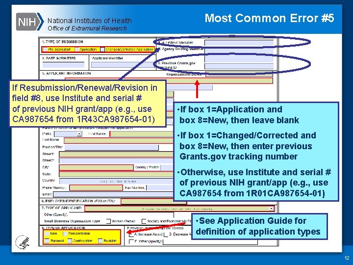 National Institutes of Health Most Common Error #5 Office of Extramural Research If Resubmission/Renewal/Revision