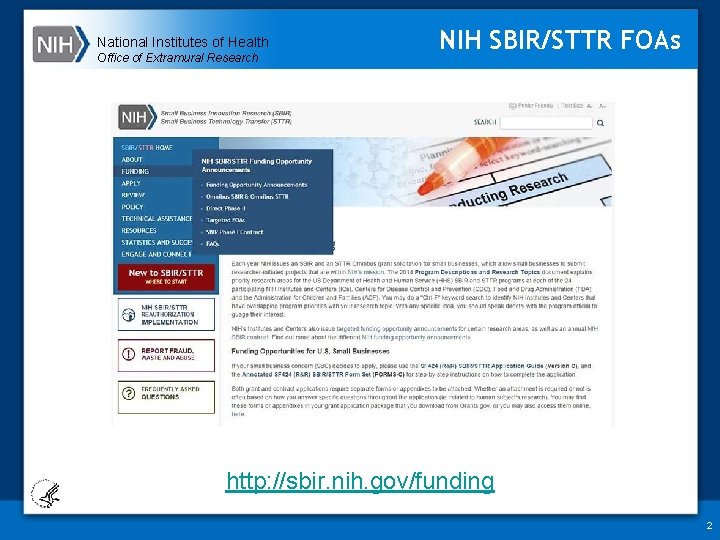 National Institutes of Health Office of Extramural Research NIH SBIR/STTR FOAs http: //sbir. nih.