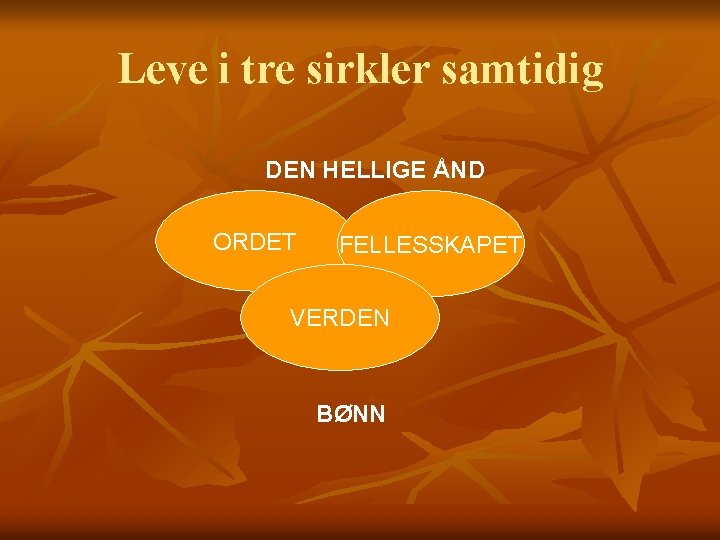 Leve i tre sirkler samtidig DEN HELLIGE ÅND ORDET FELLESSKAPET VERDEN BØNN 