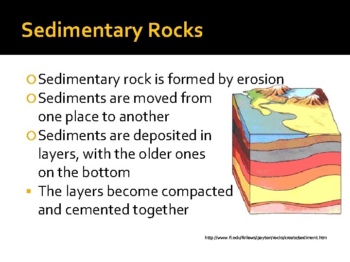 Sedimentary Rocks Sedimentary rock is formed by erosion Sediments are moved from one place