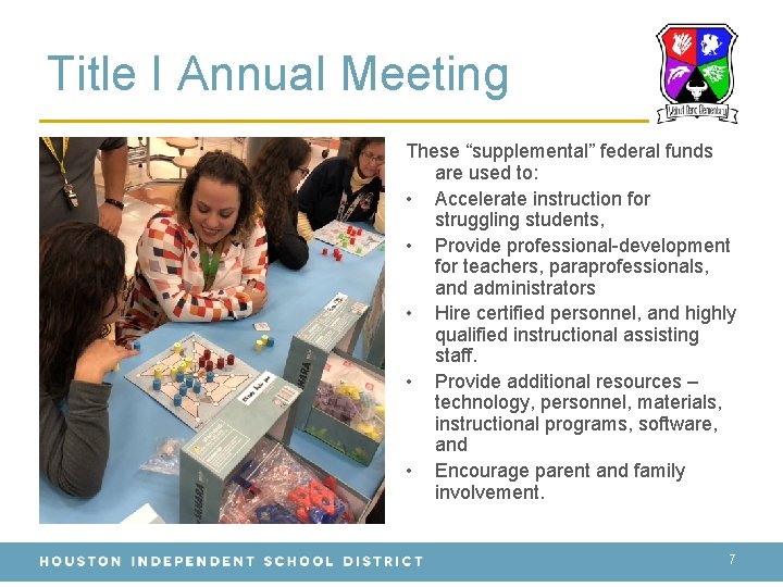 Title I Annual Meeting These “supplemental” federal funds are used to: • Accelerate instruction