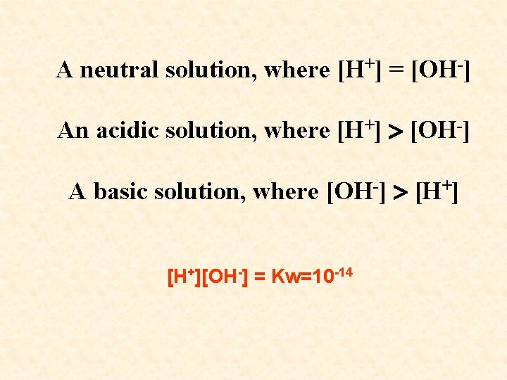 A neutral solution, where [H+] = [OH-] An acidic solution, where [H+] [OH-] A