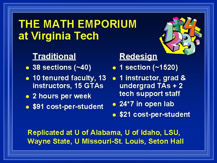 THE MATH EMPORIUM at Virginia Tech Traditional n n 38 sections (~40) 10 tenured