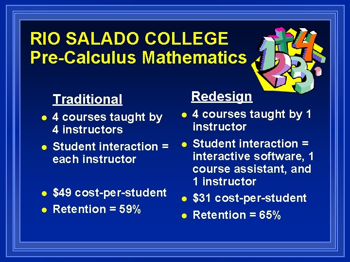 RIO SALADO COLLEGE Pre-Calculus Mathematics Redesign Traditional n n 4 courses taught by 4