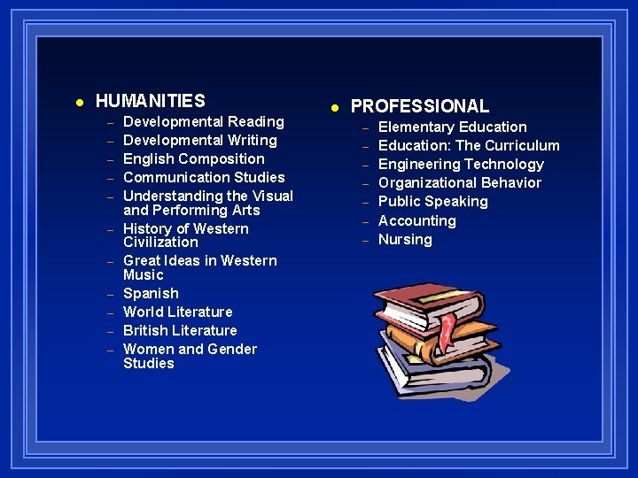 n HUMANITIES – – – Developmental Reading Developmental Writing English Composition Communication Studies Understanding