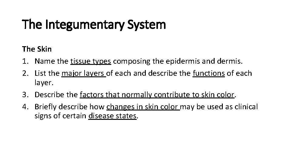 The Integumentary System The Skin 1. Name the tissue types composing the epidermis and