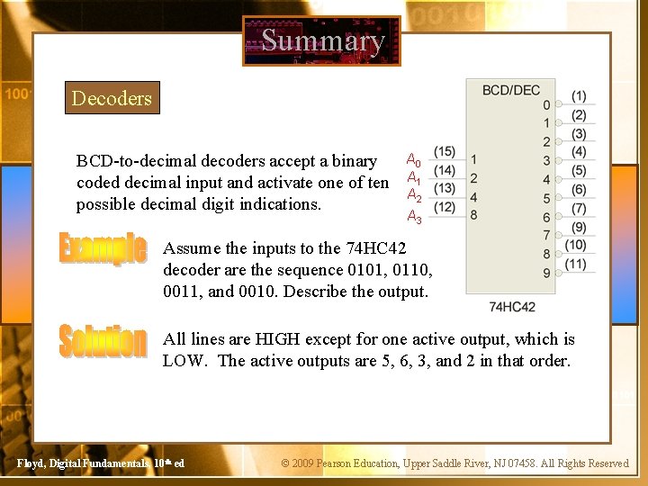 Summary Decoders BCD-to-decimal decoders accept a binary coded decimal input and activate one of