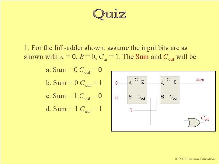 1. For the full-adder shown, assume the input bits are as shown with A