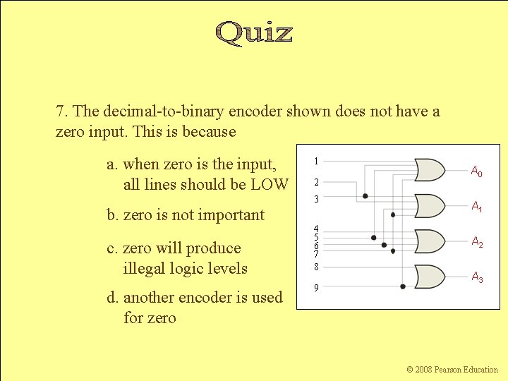 7. The decimal-to-binary encoder shown does not have a zero input. This is because