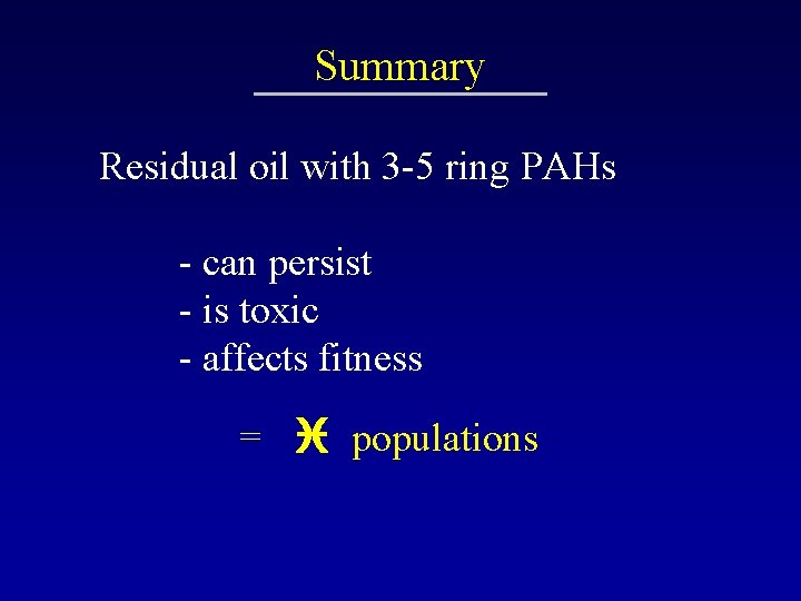 Summary Residual oil with 3 -5 ring PAHs - can persist - is toxic