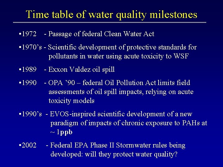 Time table of water quality milestones • 1972 - Passage of federal Clean Water
