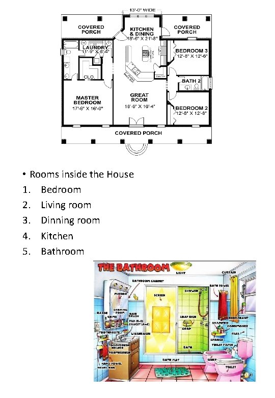  • Rooms inside the House 1. Bedroom 2. Living room 3. Dinning room