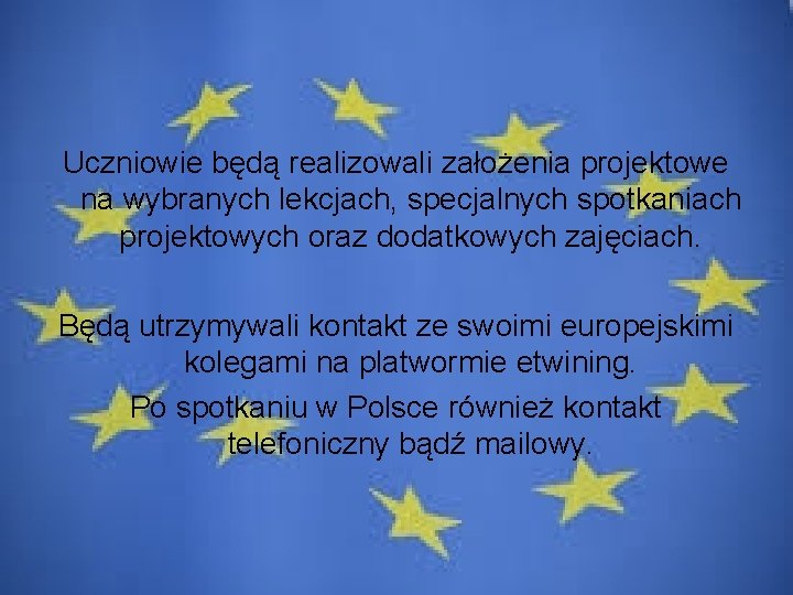 Uczniowie będą realizowali założenia projektowe na wybranych lekcjach, specjalnych spotkaniach projektowych oraz dodatkowych zajęciach.