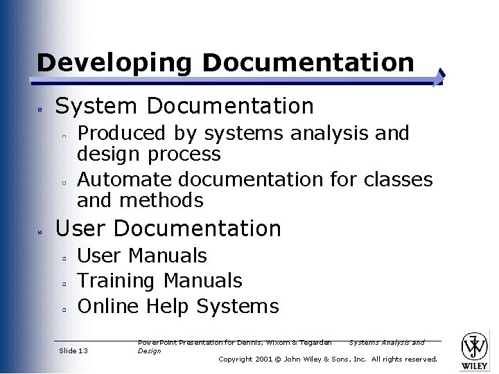 Developing Documentation System Documentation Produced by systems analysis and design process Automate documentation for