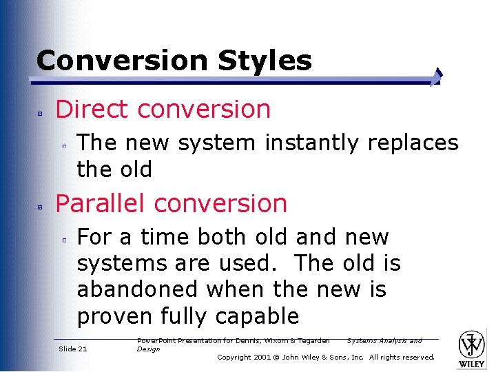 Conversion Styles Direct conversion The new system instantly replaces the old Parallel conversion For