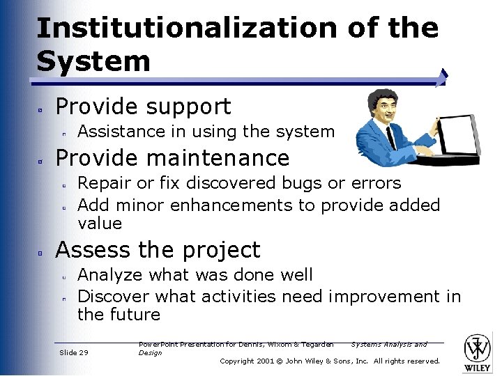 Institutionalization of the System Provide support Assistance in using the system Provide maintenance Repair